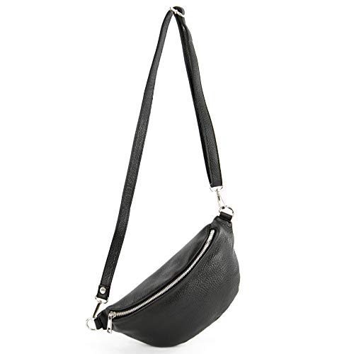 modamoda de - T211 - ital. Hüfttasche Bauchtasche Brusttasche Medium aus weichem Leder, Farbe:Schwarz
