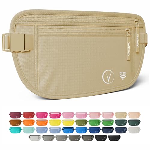 Vantamo Bauchtasche Damen Ultraflach mit RFID-Schutz, Geldgürtel für Reisen mit 2 Fächer und Verstellbarem Gurt, Hüfttasche Herren für Laufen und Wandern Passt für Reisepass, Bargeld und Telefon